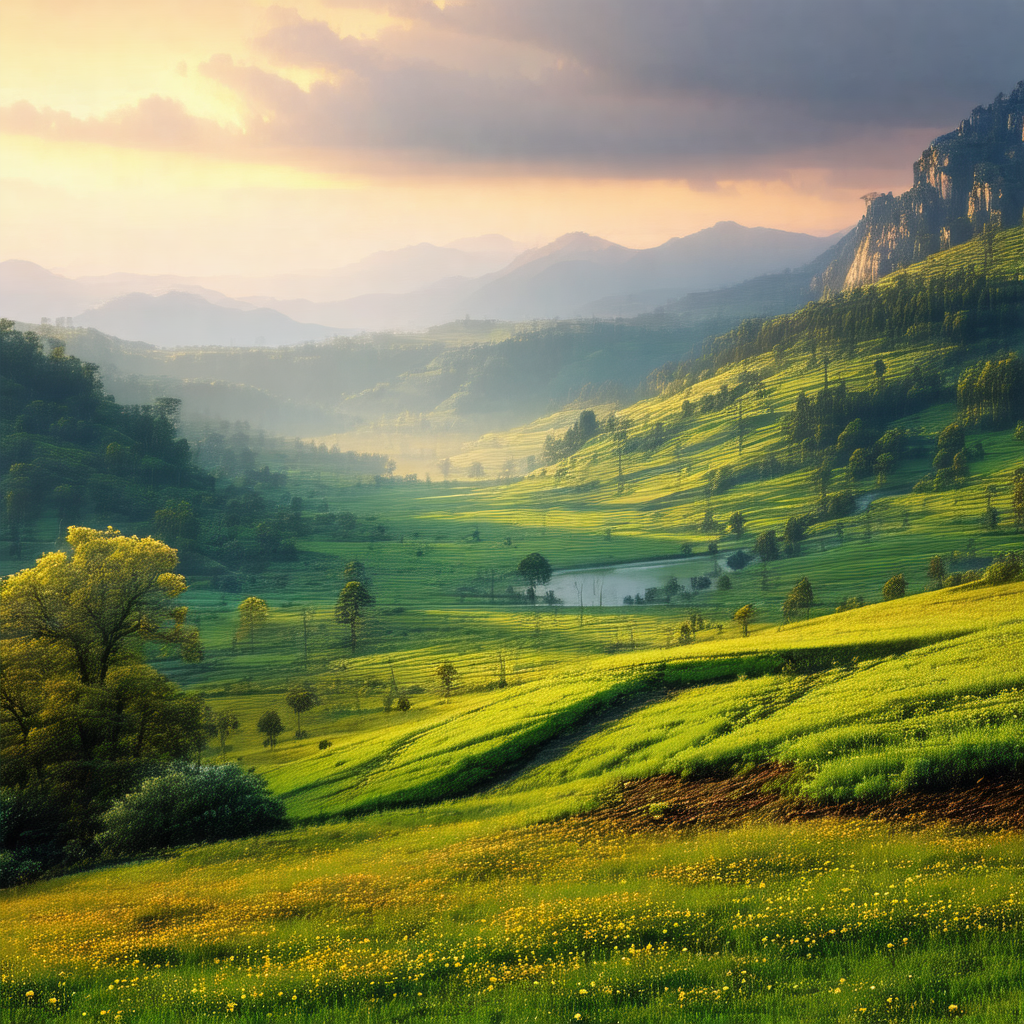 Beautiful, lush green valley with a river flowing through it