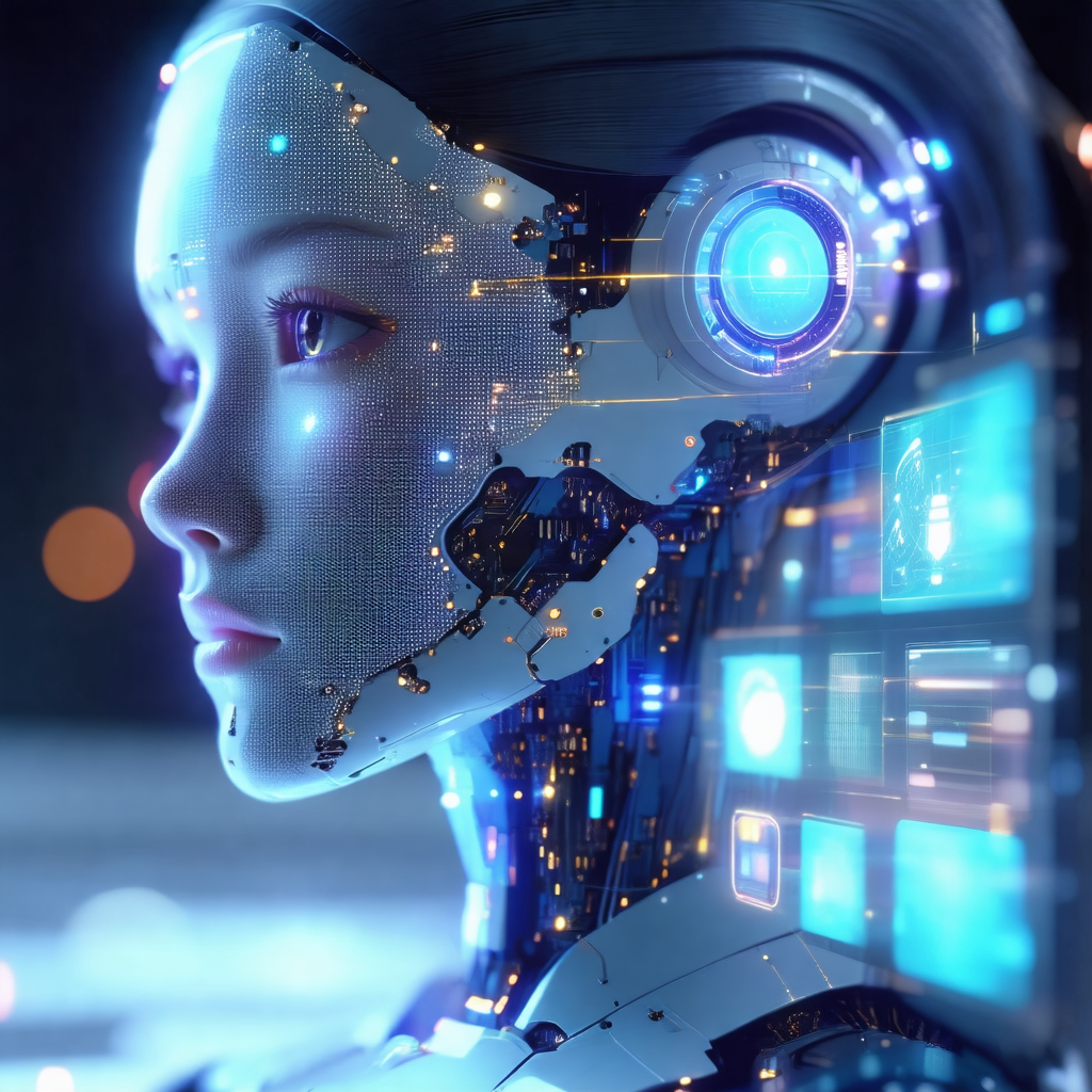 Futuristic robot with a human-like face, including a nose...