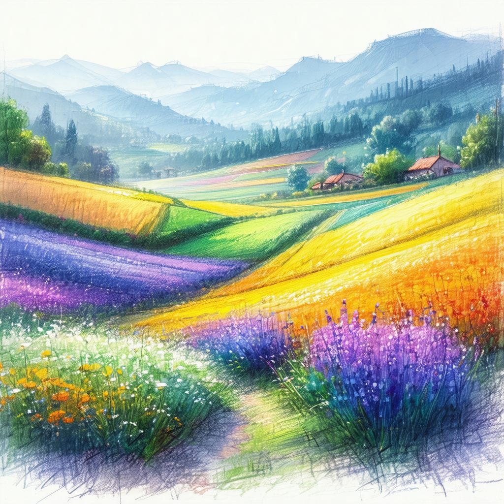 Painting of a beautiful mountain valley with a colorful f...