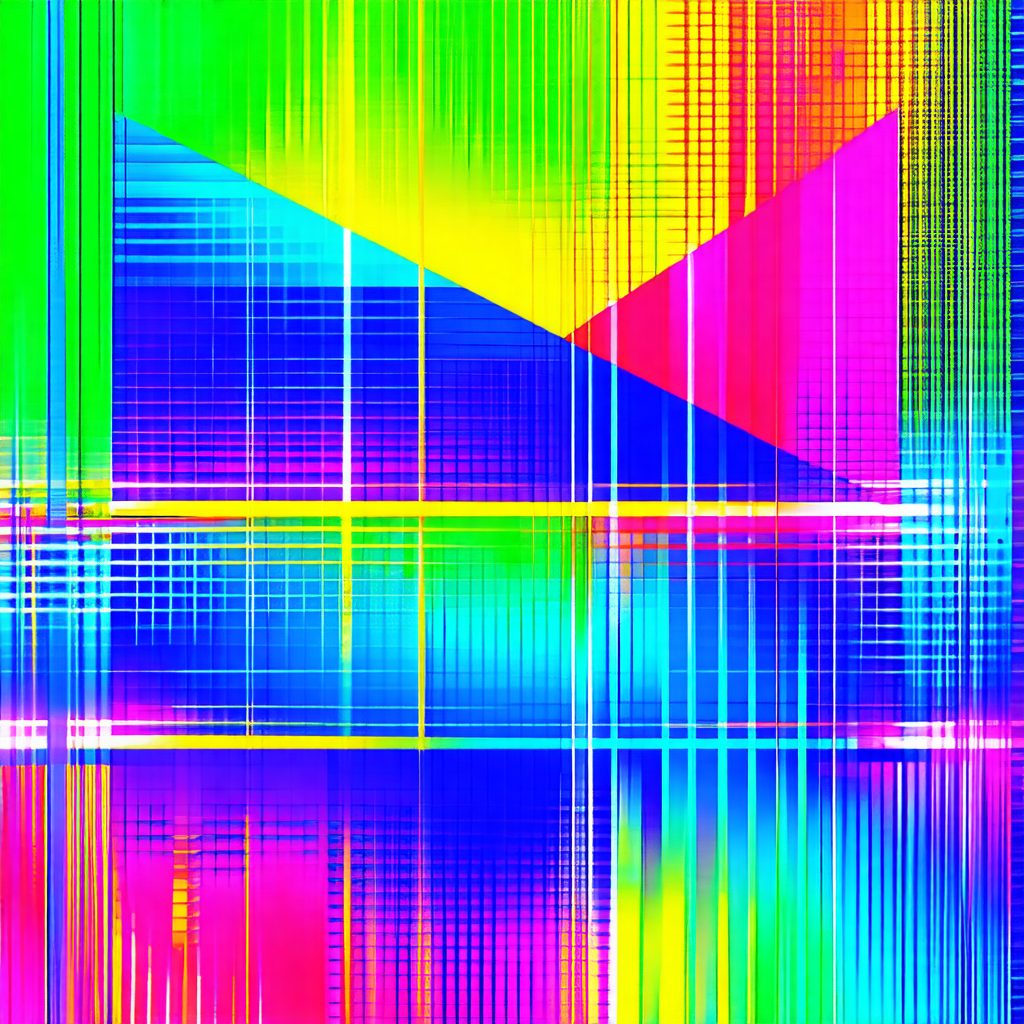 Colorful, abstract art piece featuring a large triangle s...