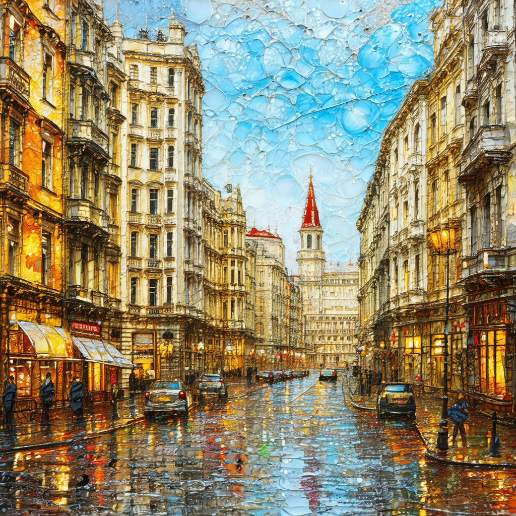 Bustling city street with tall buildings on both sides