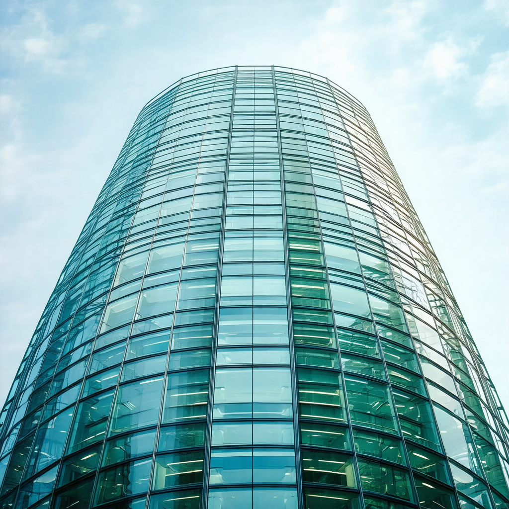 Tall, modern building with a large glass window