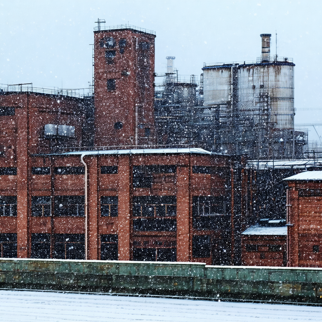 Snowy scene with a large industrial building in the backg...