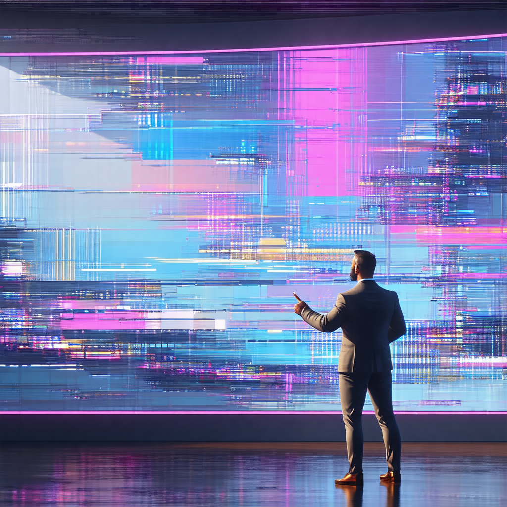 Man standing in front of a large, colorful screen