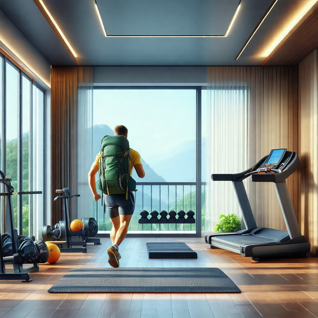 Man running in a room with a large window