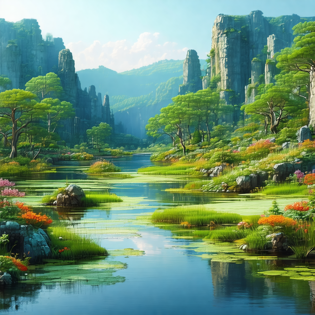 Serene scene of a river flowing through a lush green forest