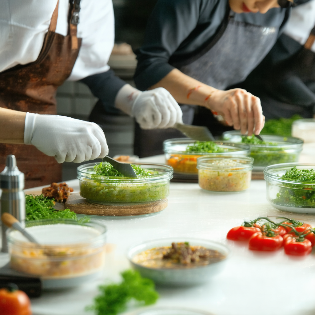 Group of people working together in a kitchen, preparing ...