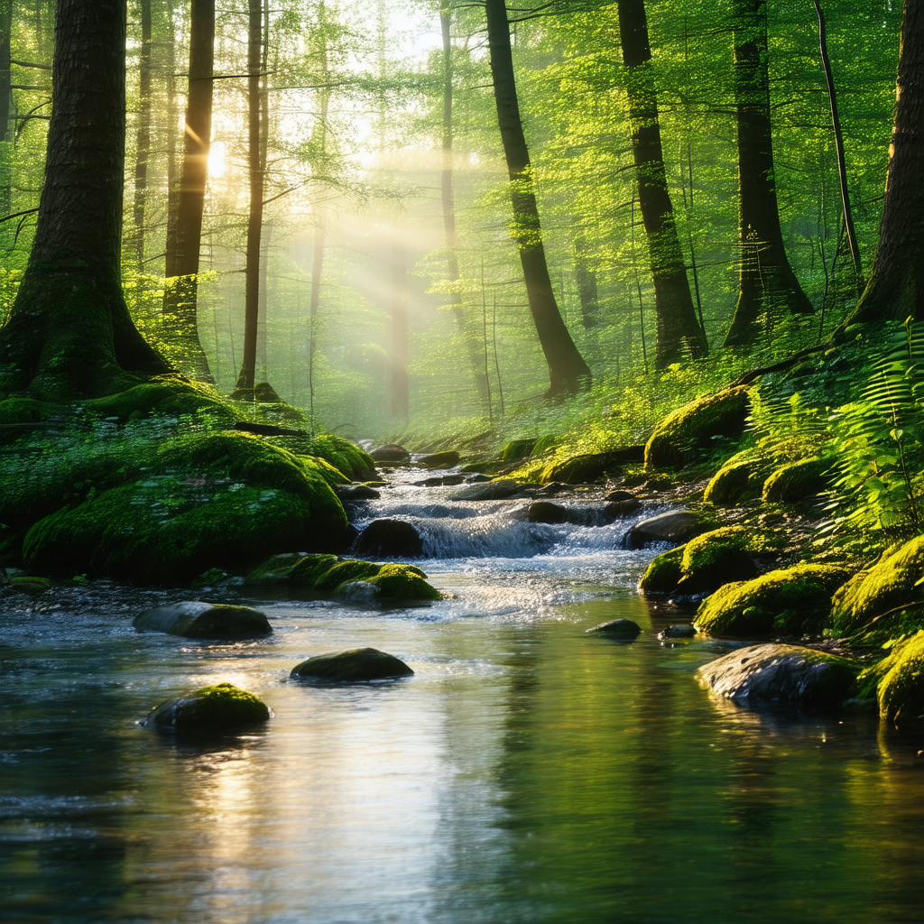 Serene forest scene with a small stream flowing through t...