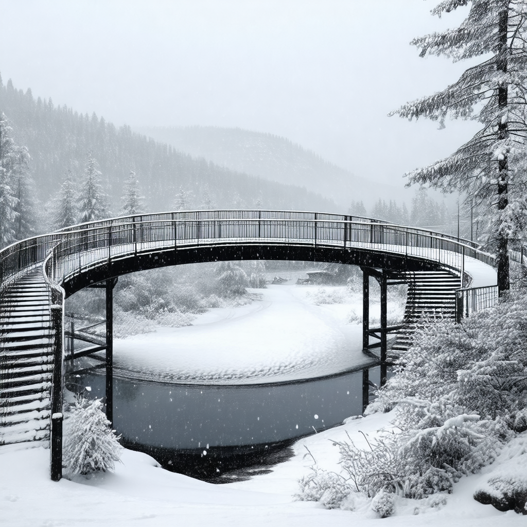 Bridge that spans across a river, with a snowy mountain i...