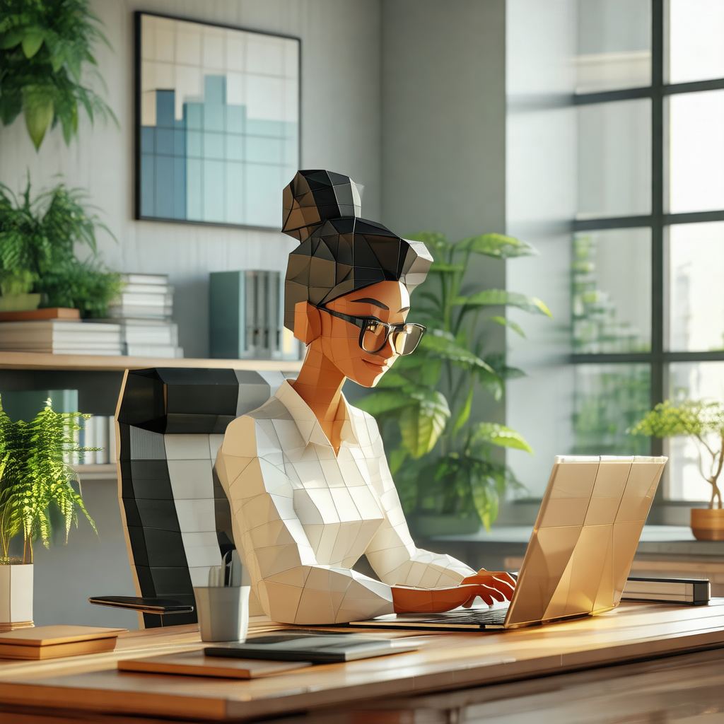 Woman sitting at a desk, working on a laptop computer