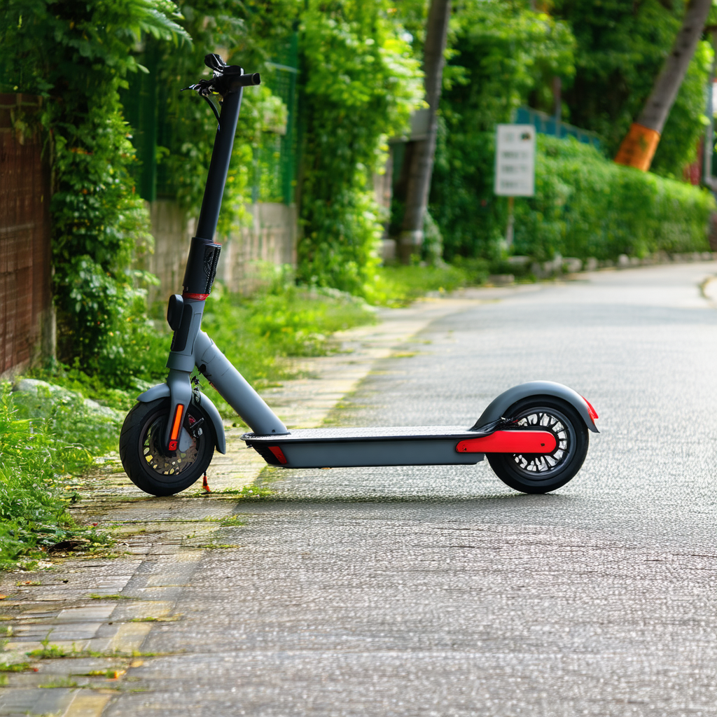 Small, two-wheeled scooter parked on the side of a road