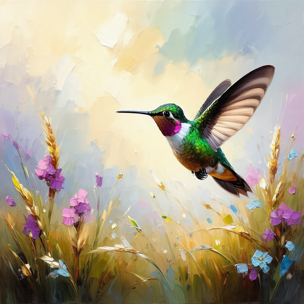 Green and purple hummingbird flying through a field of fl...