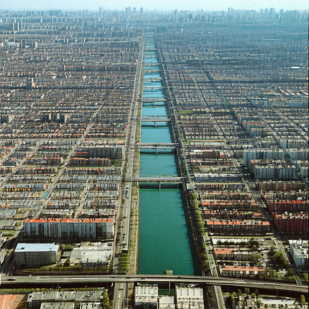 Bird's eye view of a city, showcasing a large body of wat...