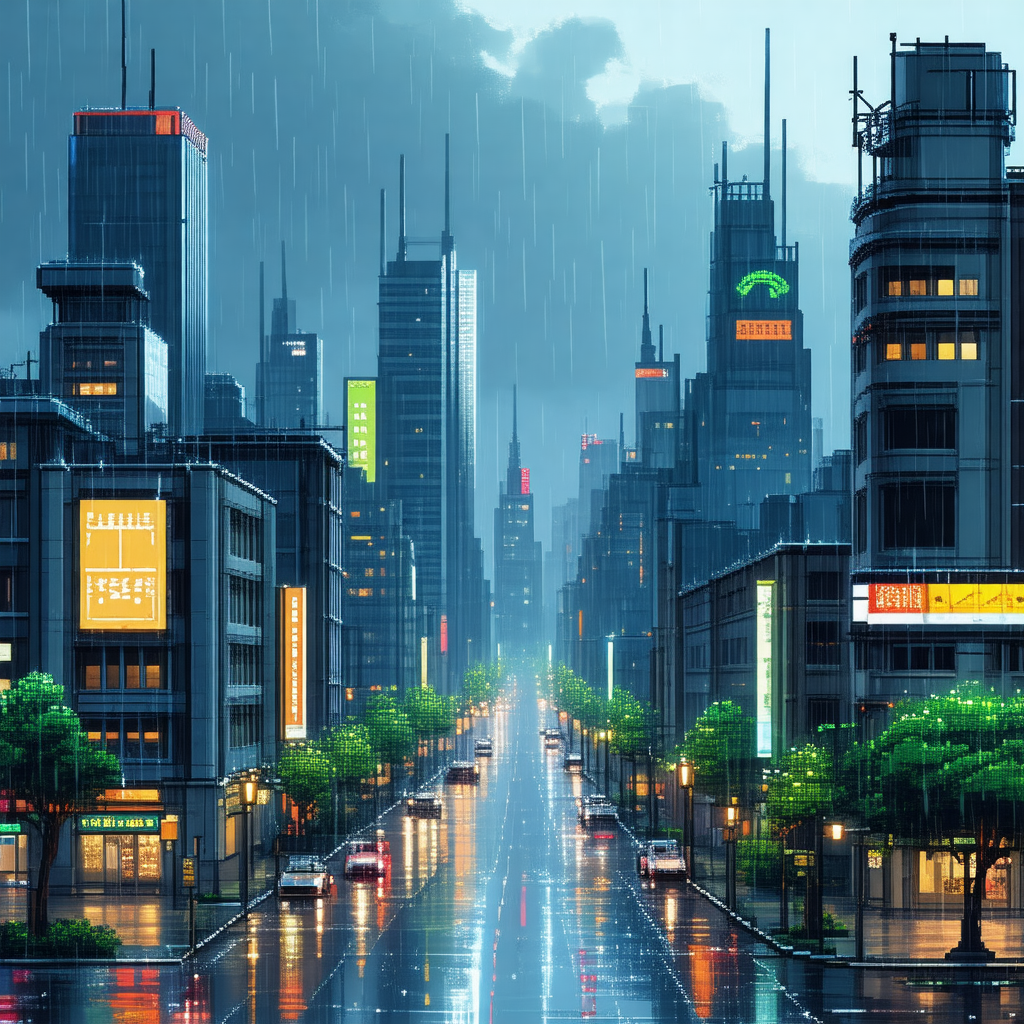 City street at night, with a rain-soaked atmosphere