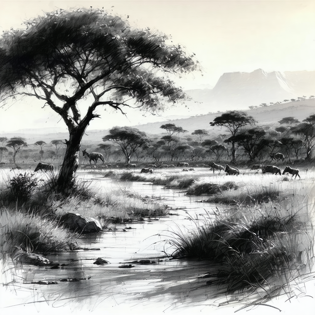 Serene scene of a herd of zebras grazing near a watering ...