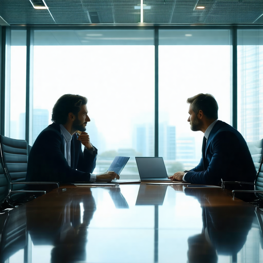 Two men sitting at a conference table, engaged in a discu...