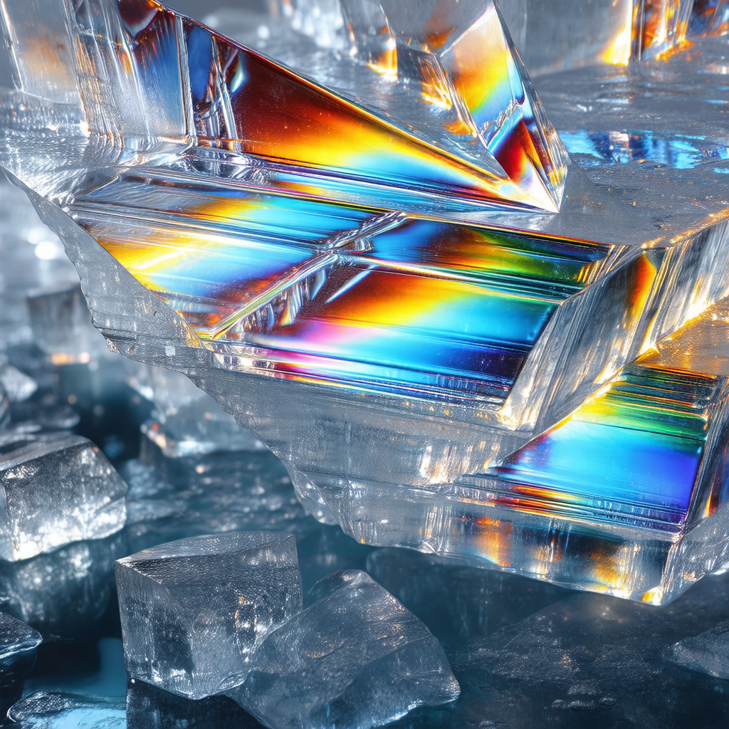 Large, colorful crystal, possibly a piece of ice, sitting...
