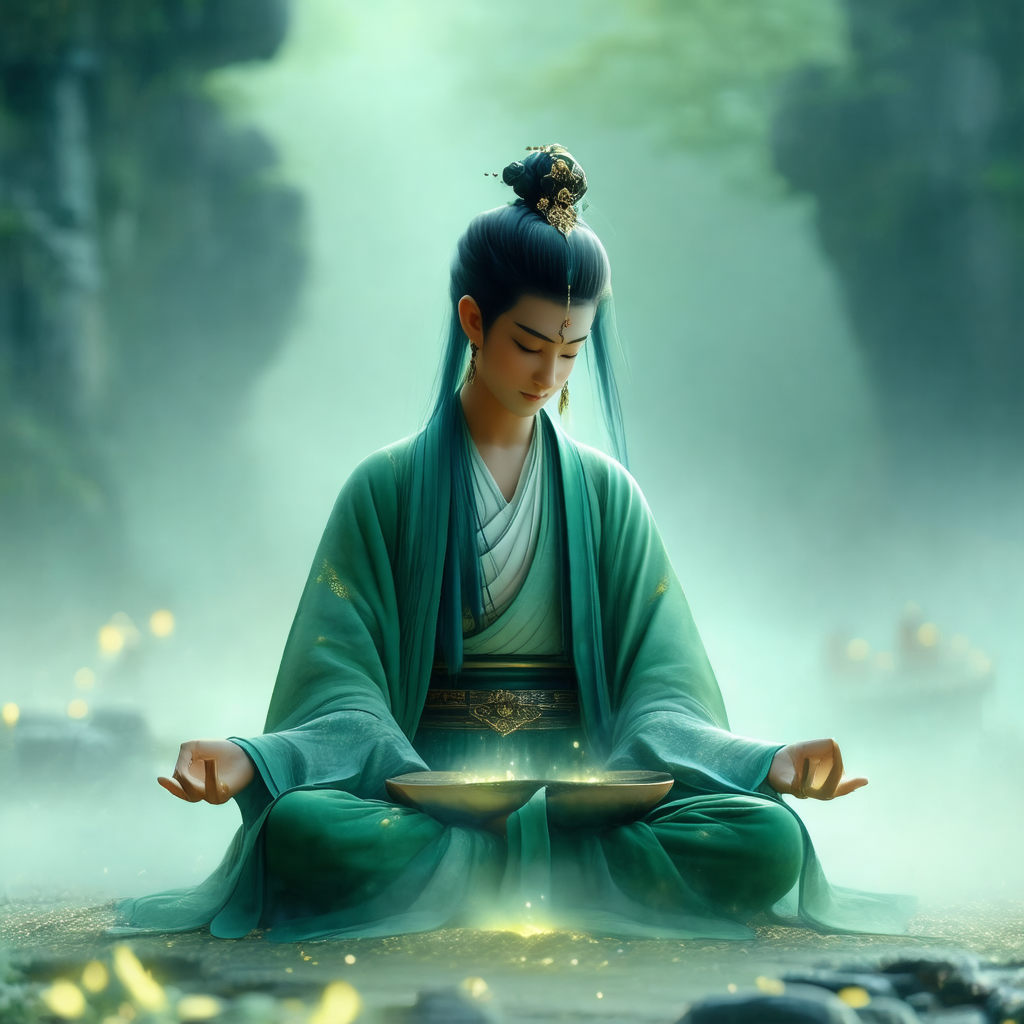 Woman sitting on the ground, surrounded by a forest