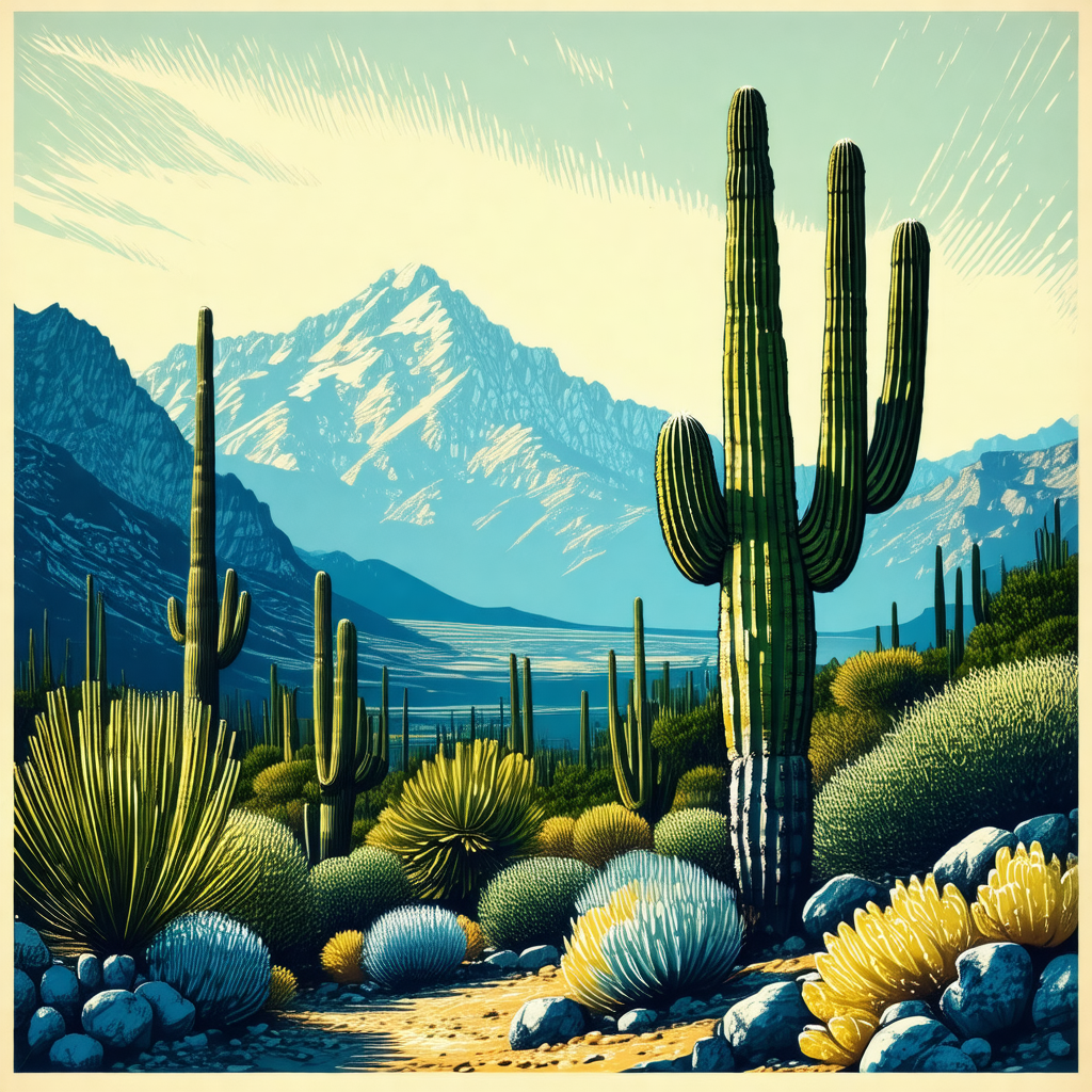 Desert landscape with a large cactus plant in the foreground