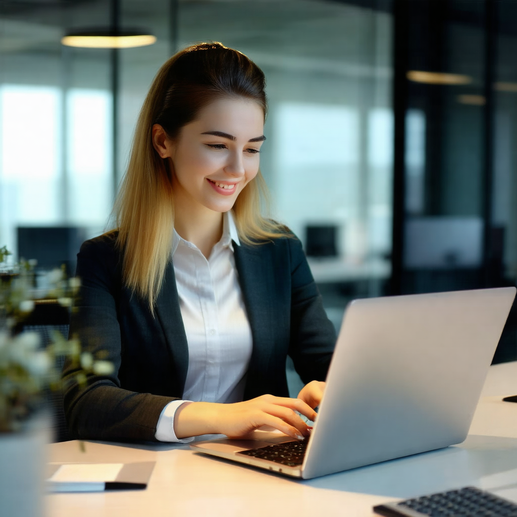 Woman wearing a suit and tie, sitting at a desk and worki...