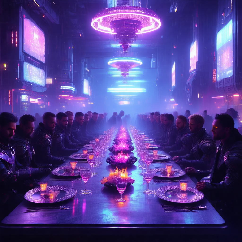 Large group of people gathered around a long dining table...
