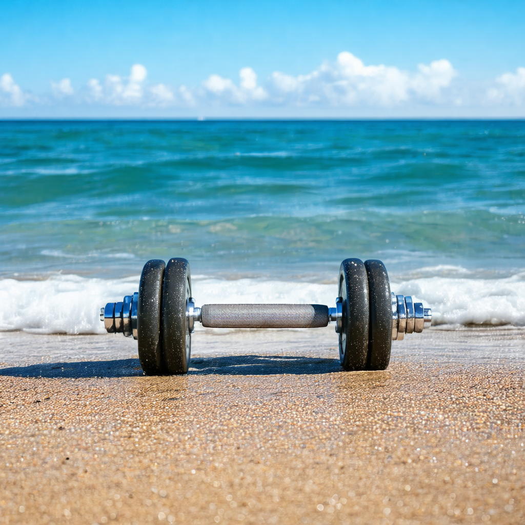 Beach scene with a large black weight, possibly a barbell...