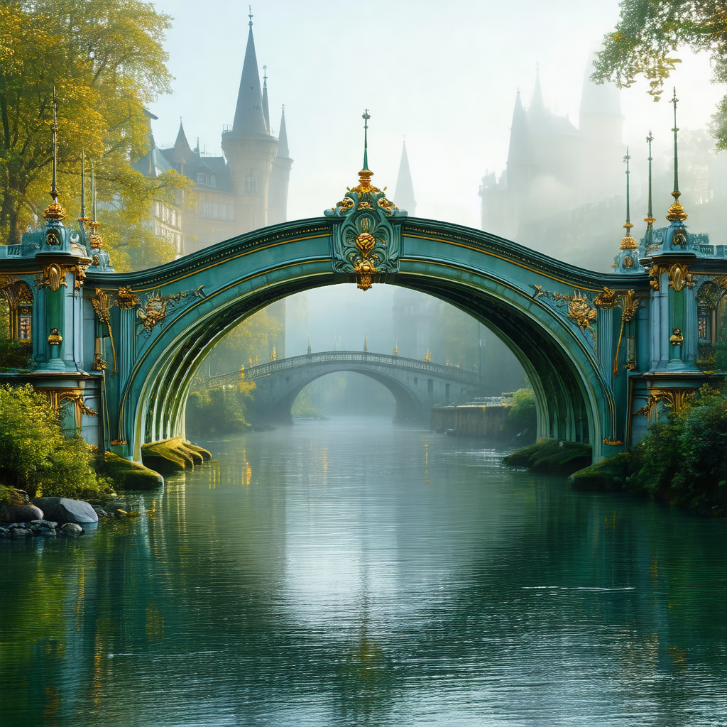 Beautiful bridge with a green archway, spanning across a ...