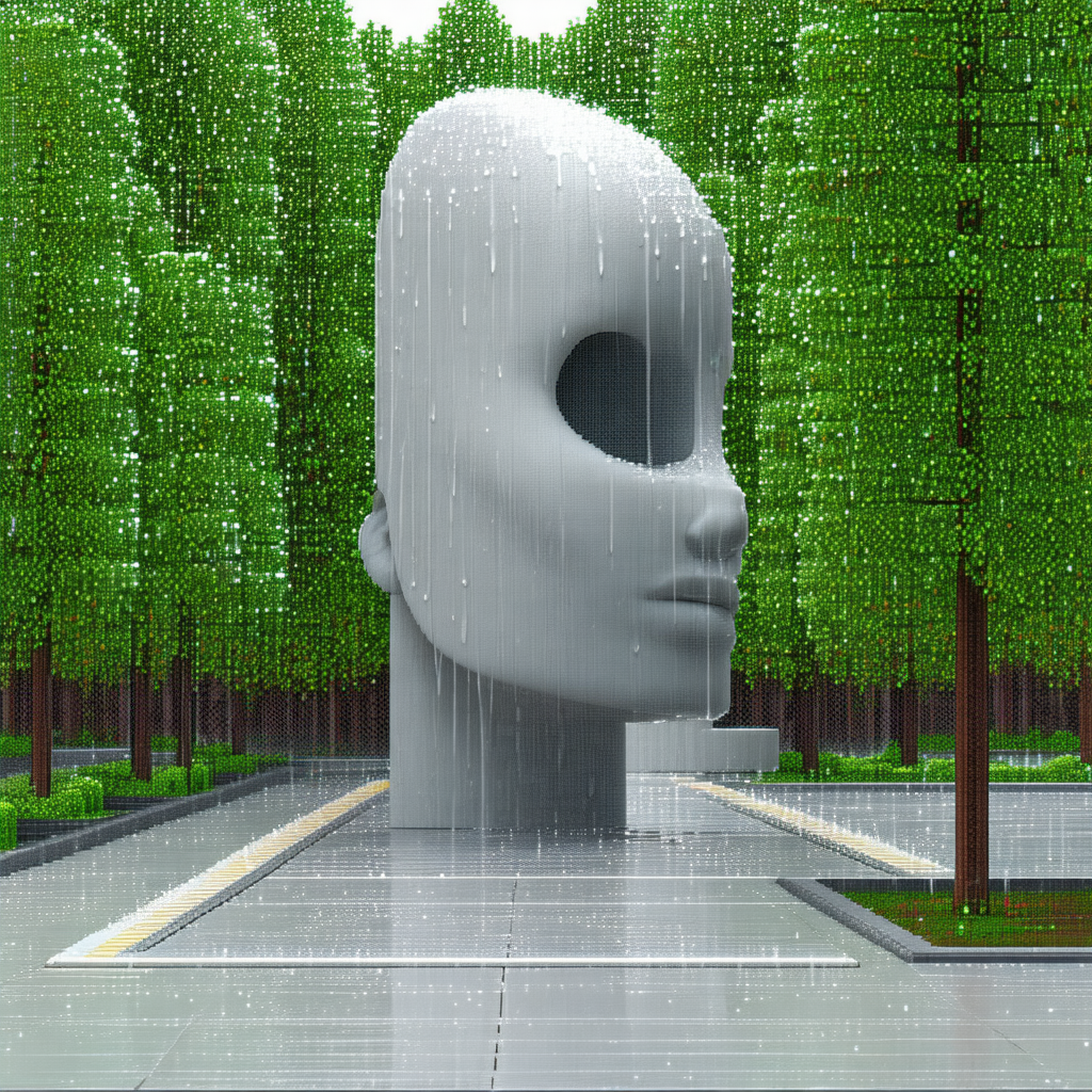 Large, white, and wet statue of a head, possibly a bust, ...