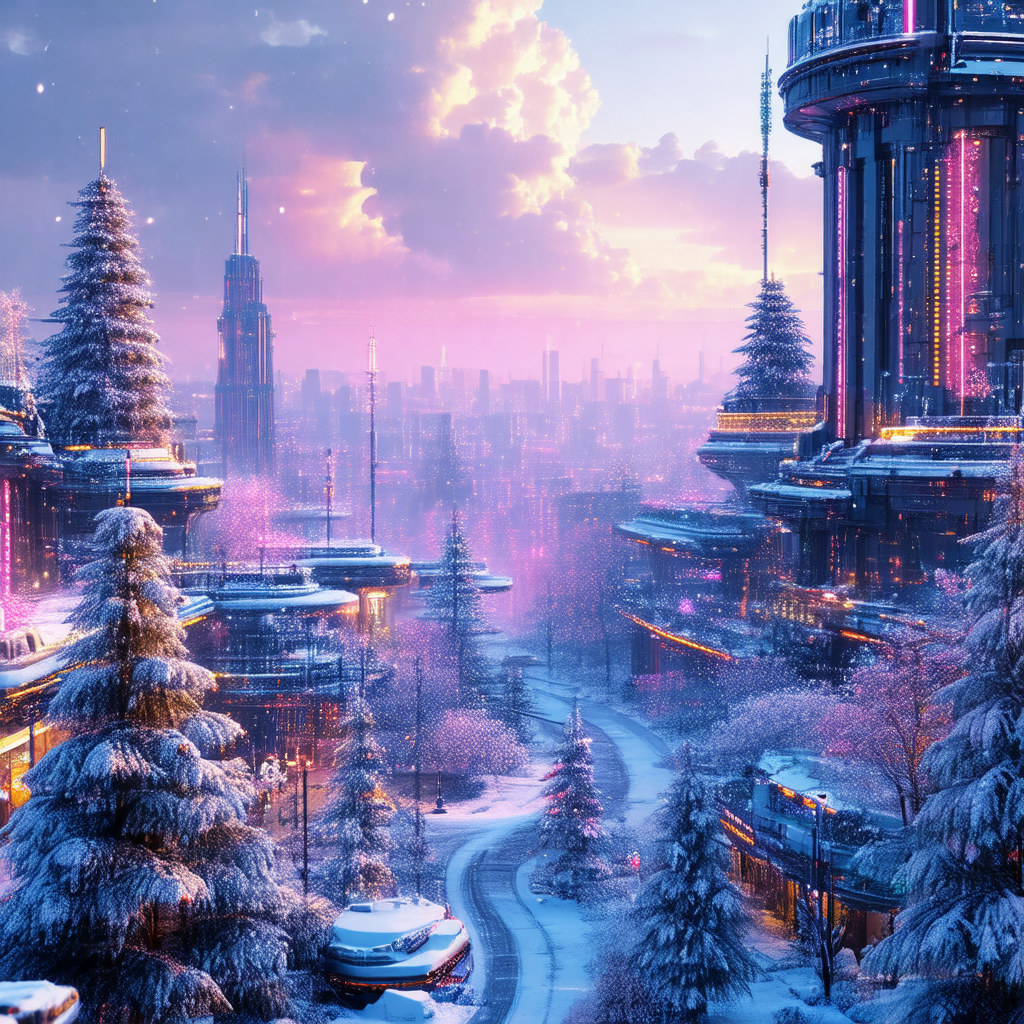 Snowy cityscape with a large building in the foreground