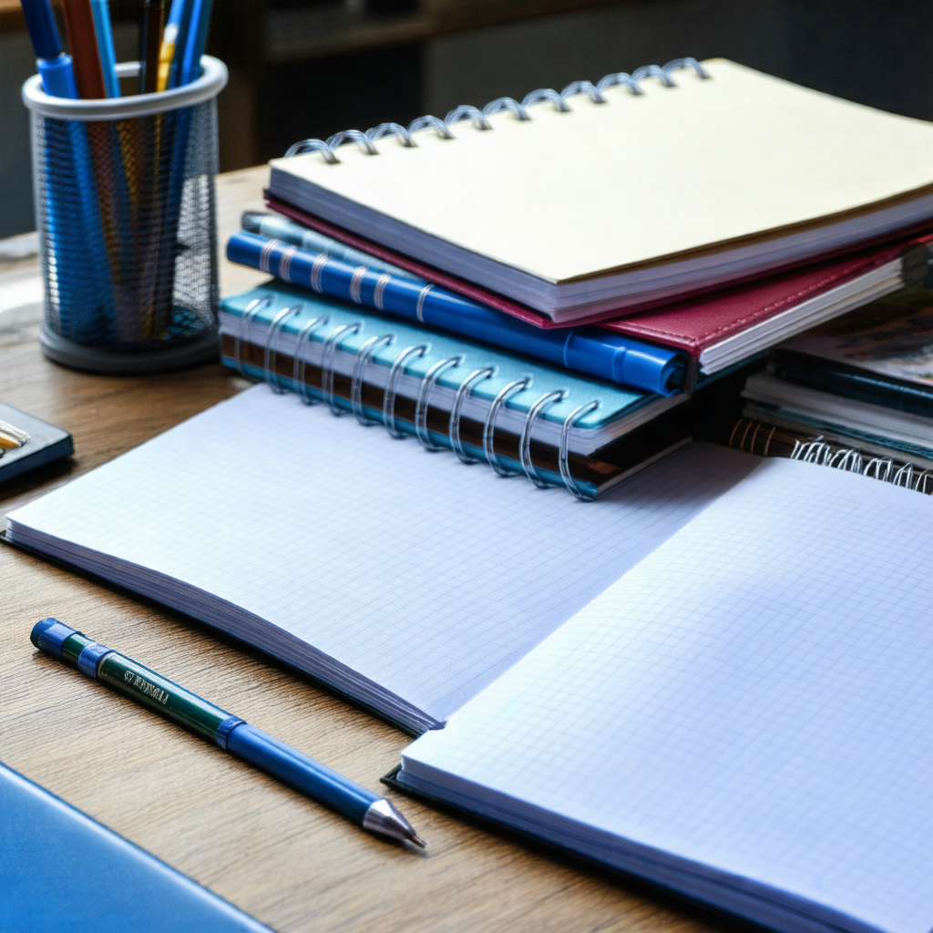Wooden desk with a variety of books and notebooks on it