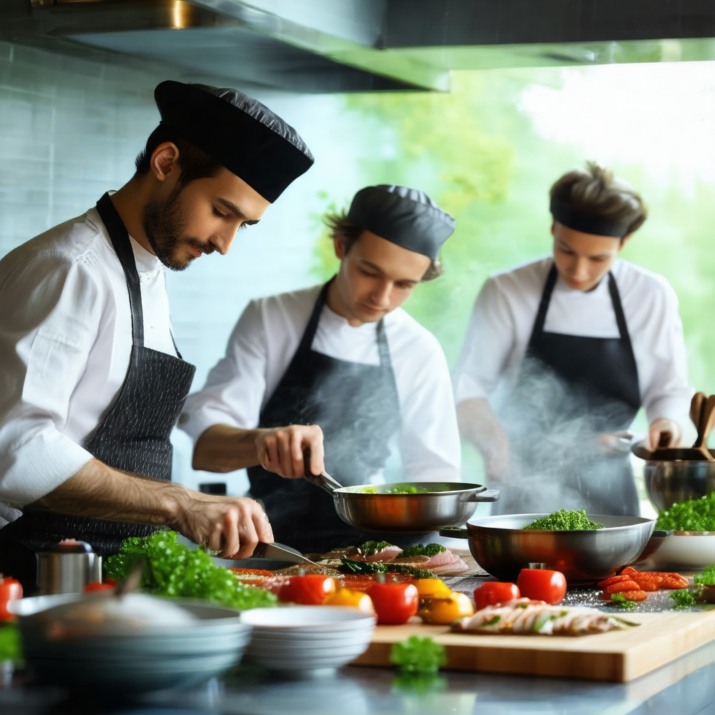 Group of three chefs working together in a kitchen