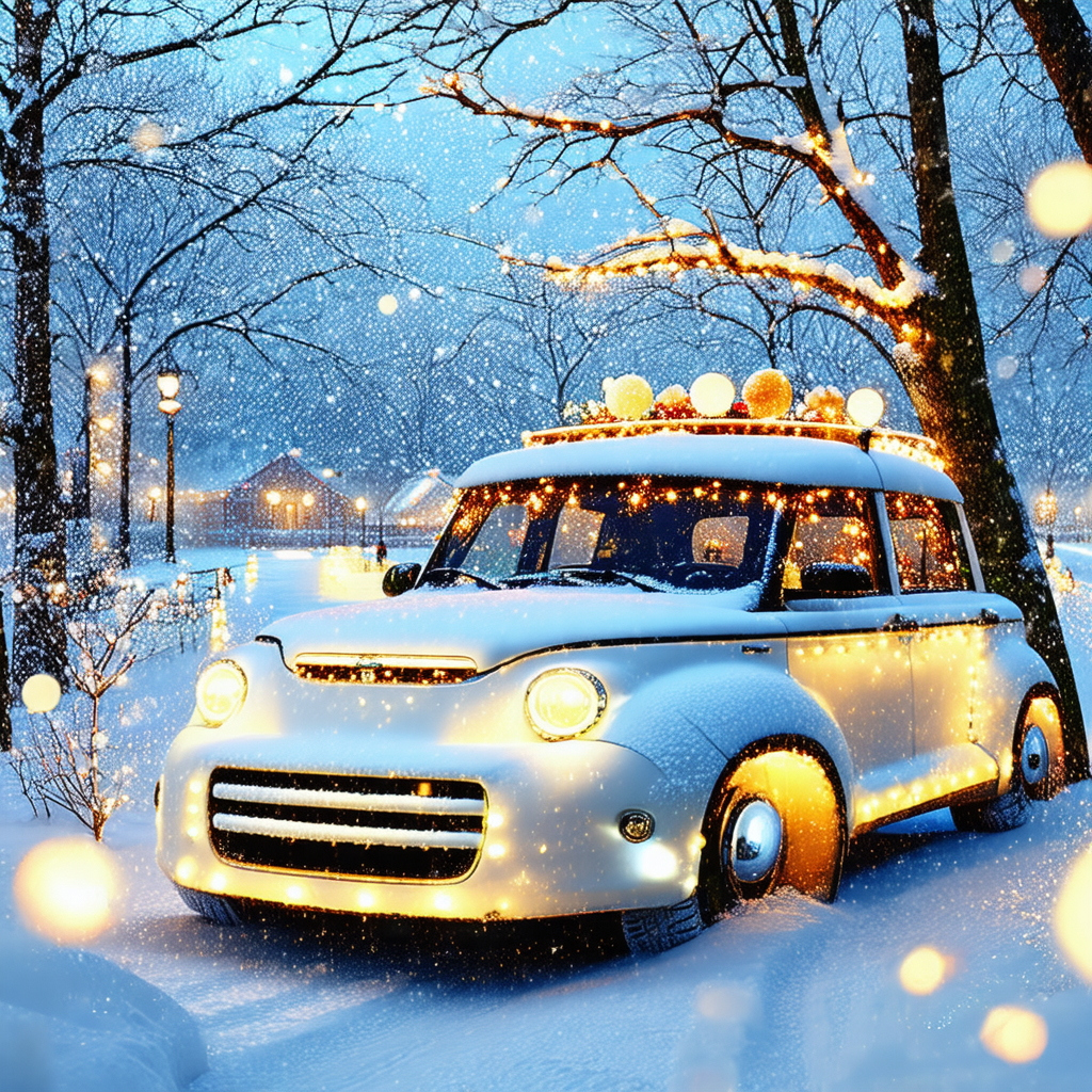 White car parked in a snowy area, surrounded by a beautif...