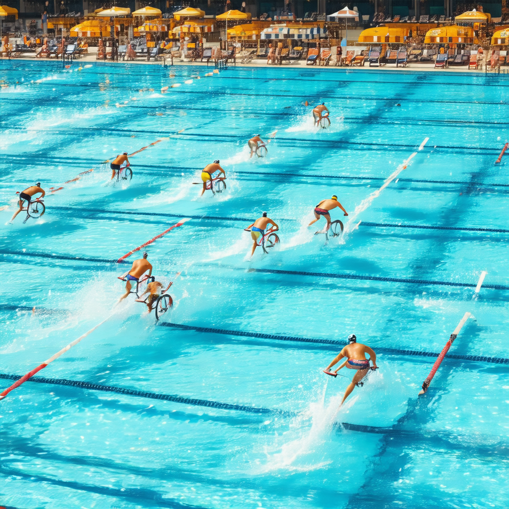 Group of people riding bicycles in a swimming pool