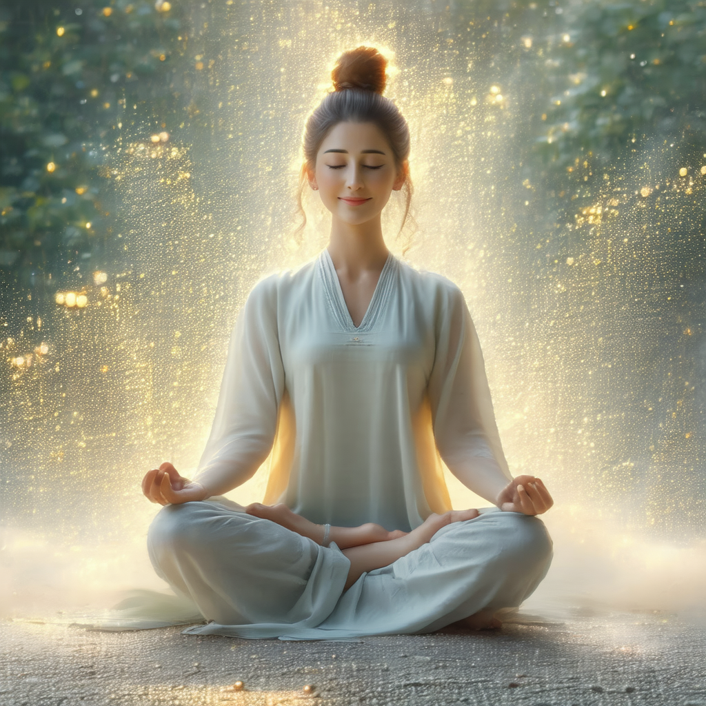 Woman sitting in a lotus position on the ground, with her...