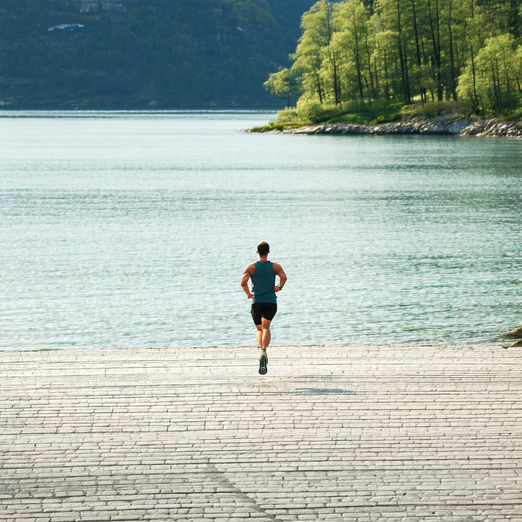 Man running on a path near a body of water