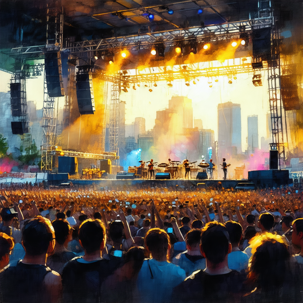 Painting of a large crowd of people gathered at a concert