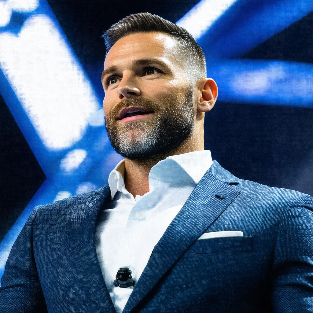 Man wearing a suit and tie, standing in front of a stage