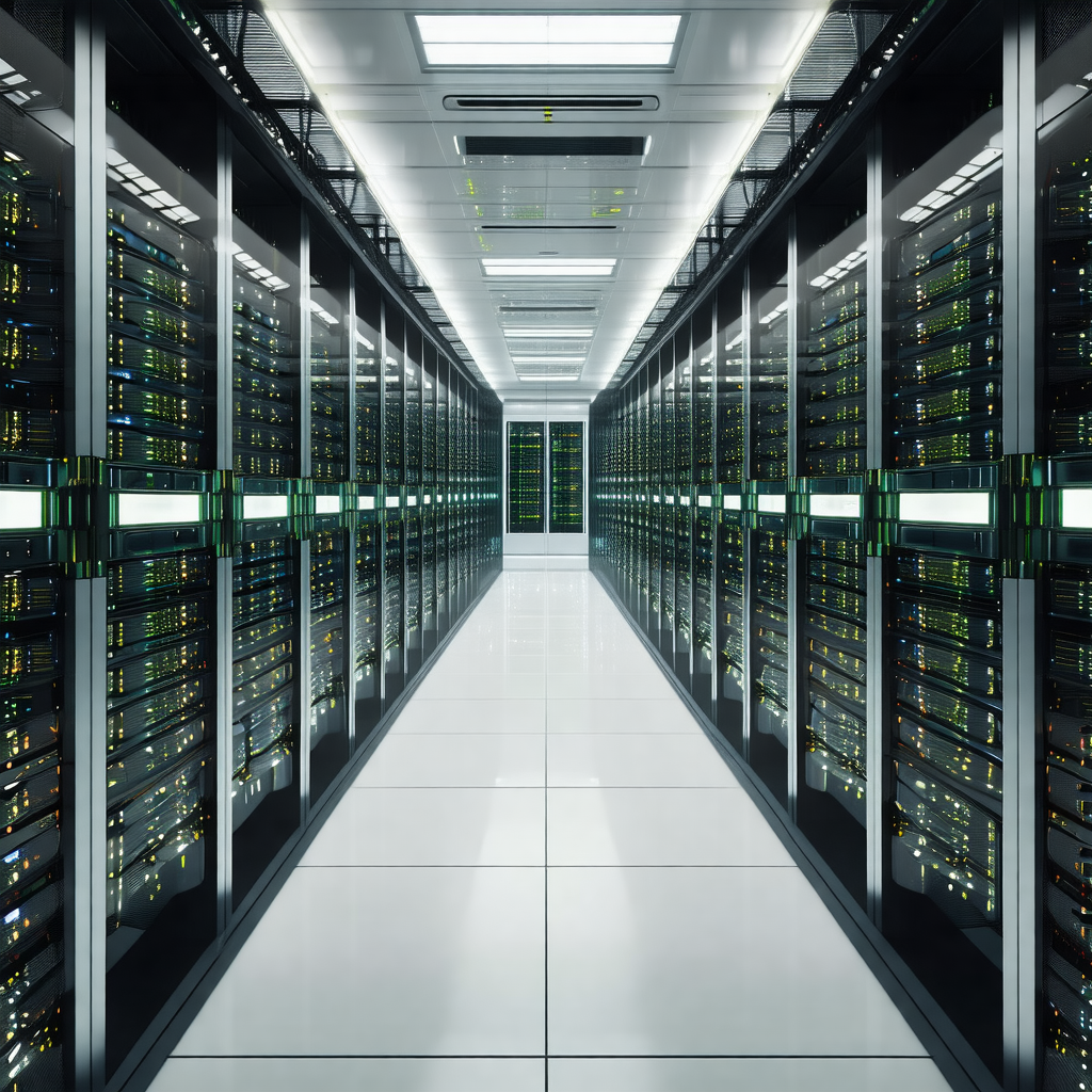 Large, well-lit data center filled with rows of servers