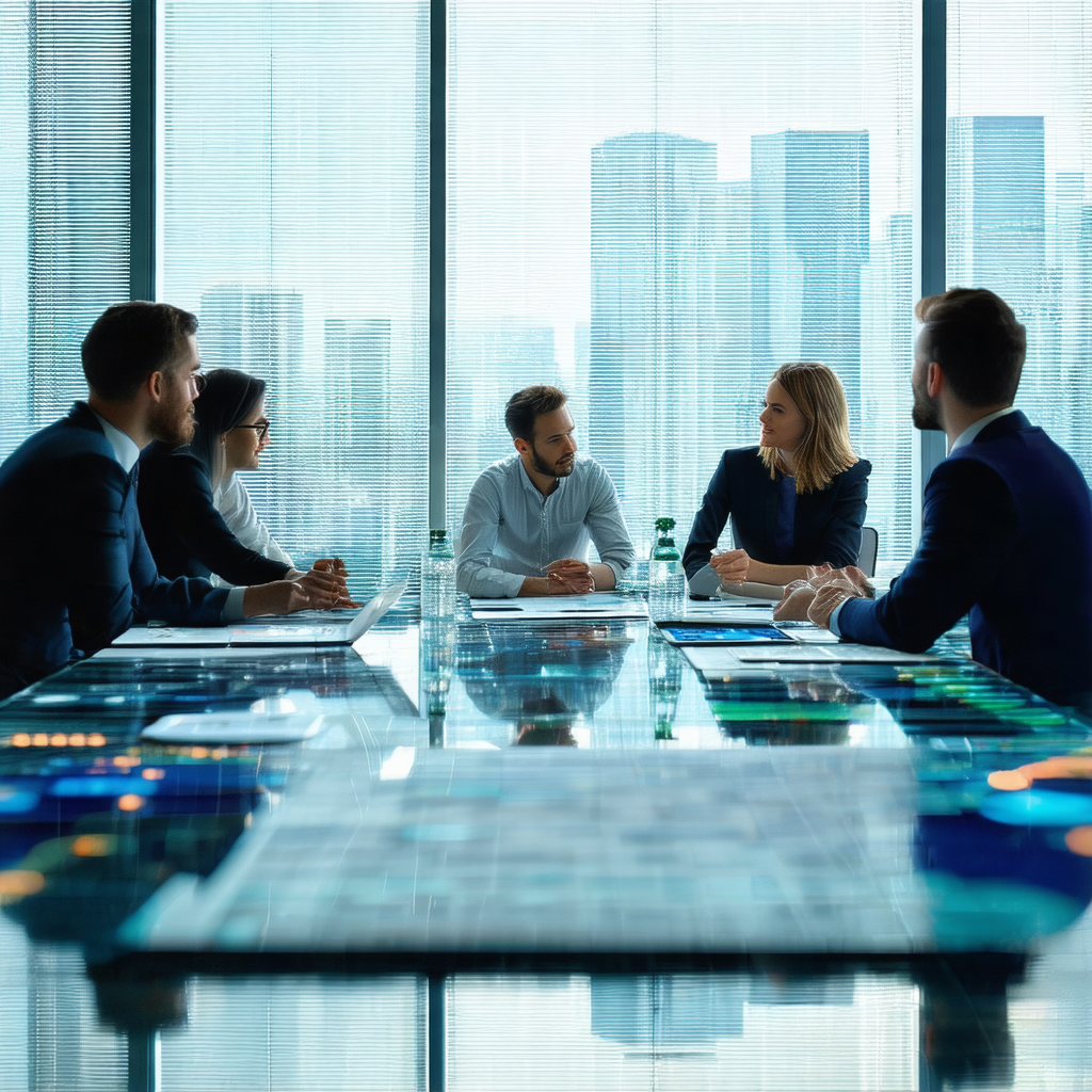 Group of people sitting around a large glass table, engag...