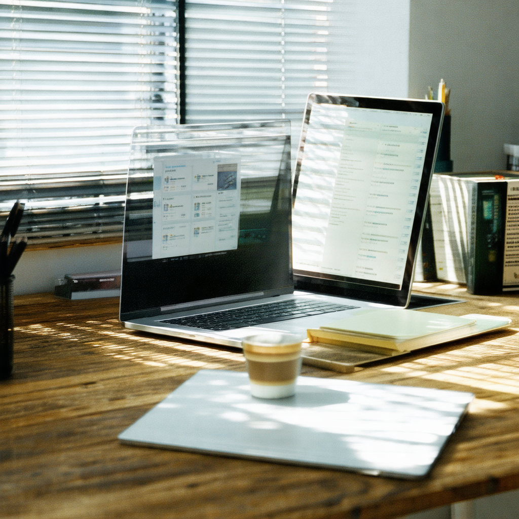 Wooden desk with two laptops placed on it