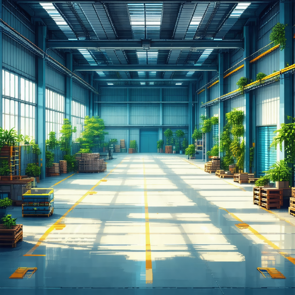Large, empty warehouse with a blue ceiling
