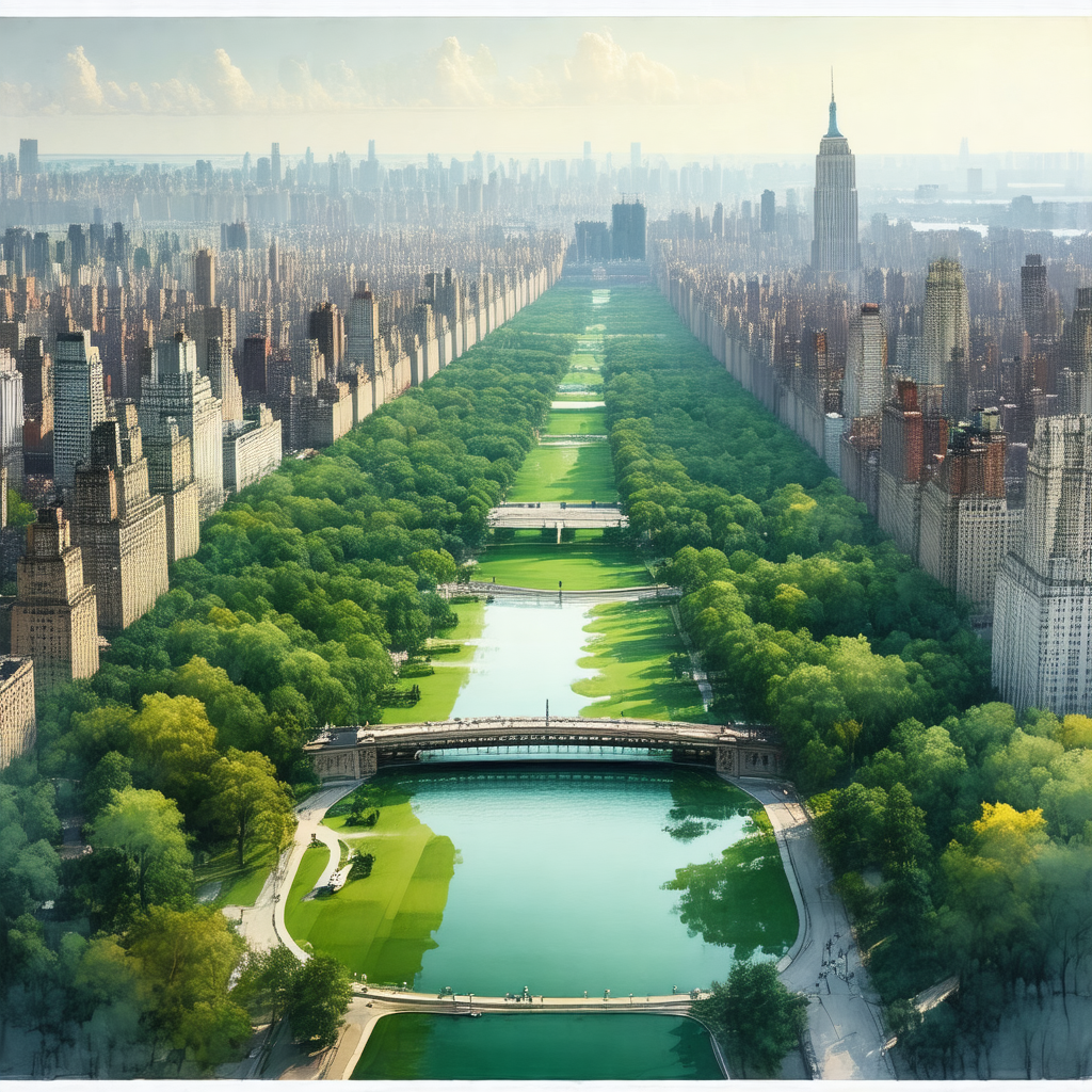 Painting of a large city, featuring a large body of water...