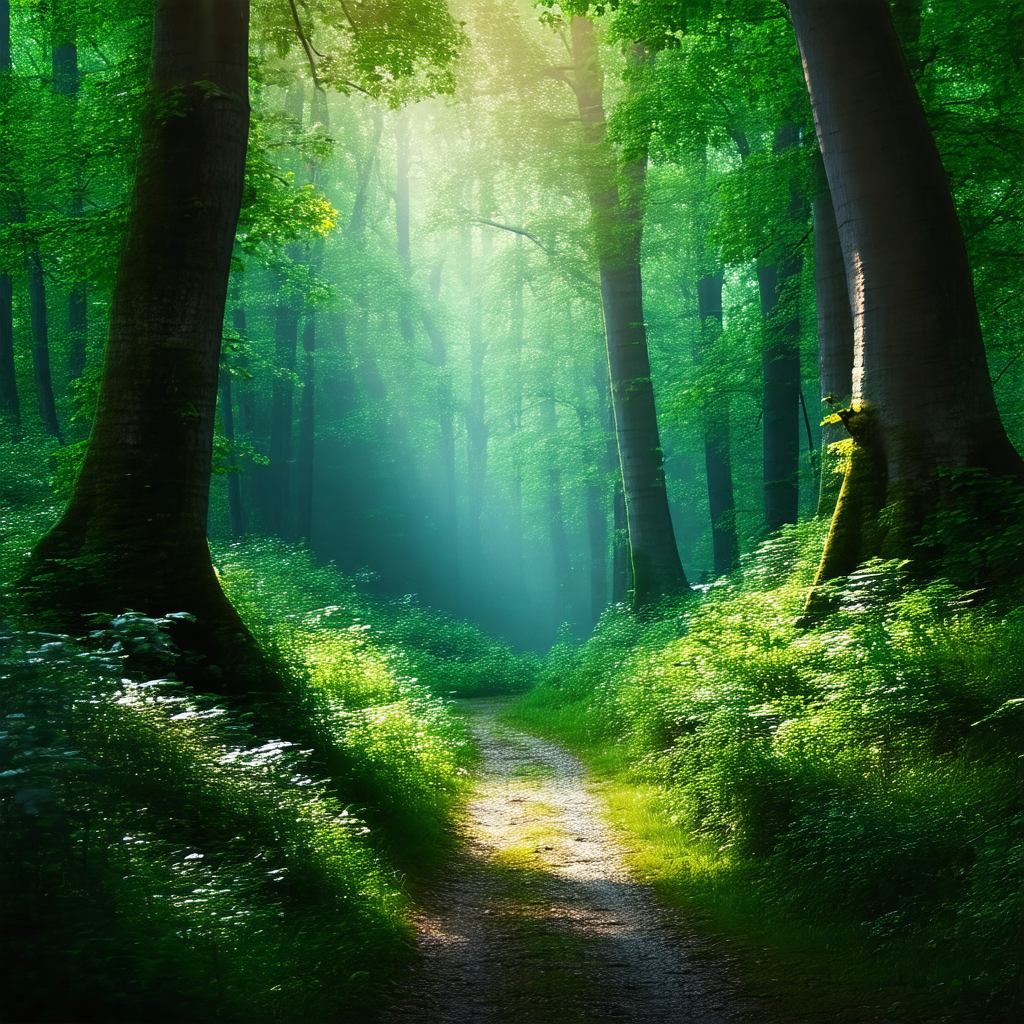 Serene forest scene with a pathway leading through the woods