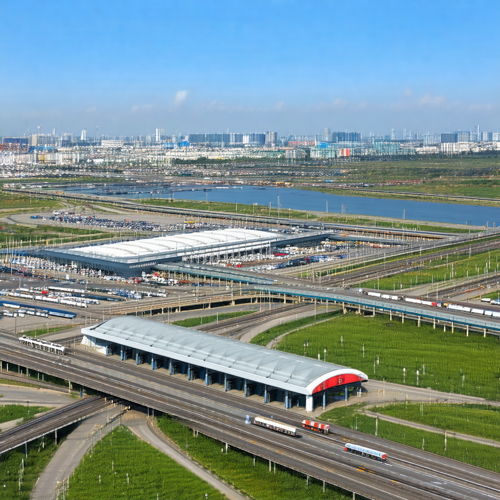 Large city with a busy highway and a train station