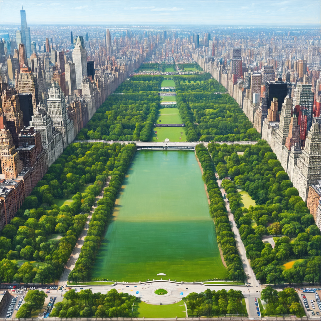 Painting of a large city park, featuring a large pond sur...