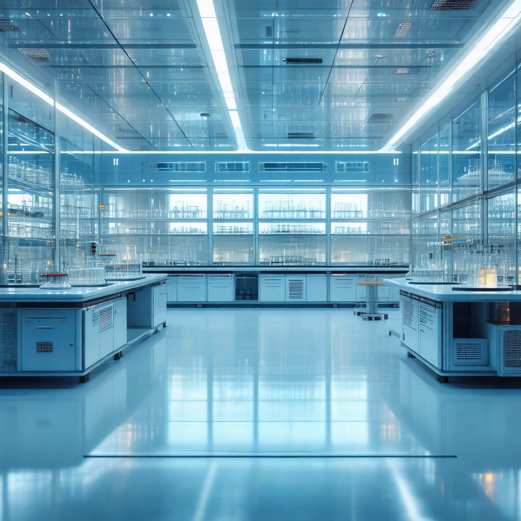 Large, clean, and well-lit laboratory with a blue-tinted ...
