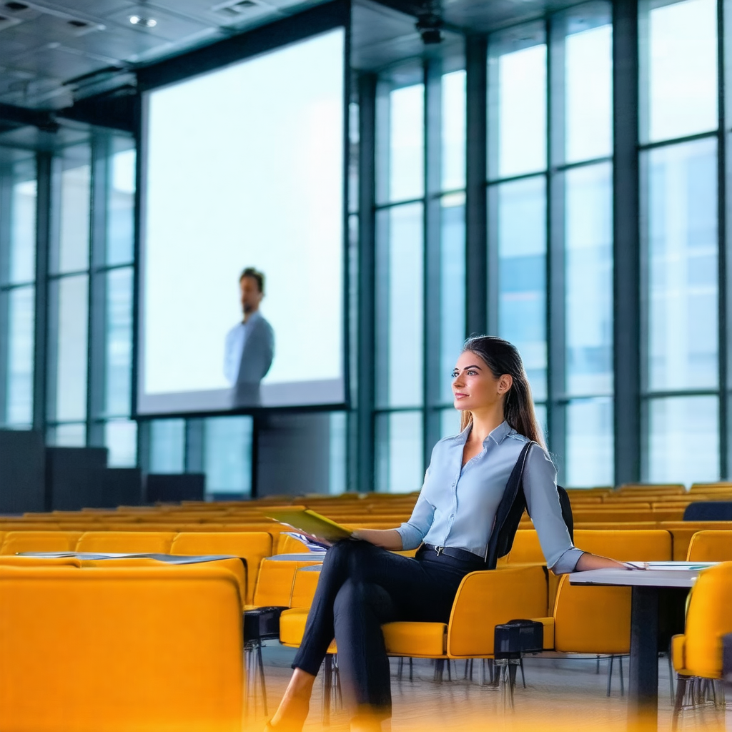 Woman sitting in a large auditorium, surrounded by numero...