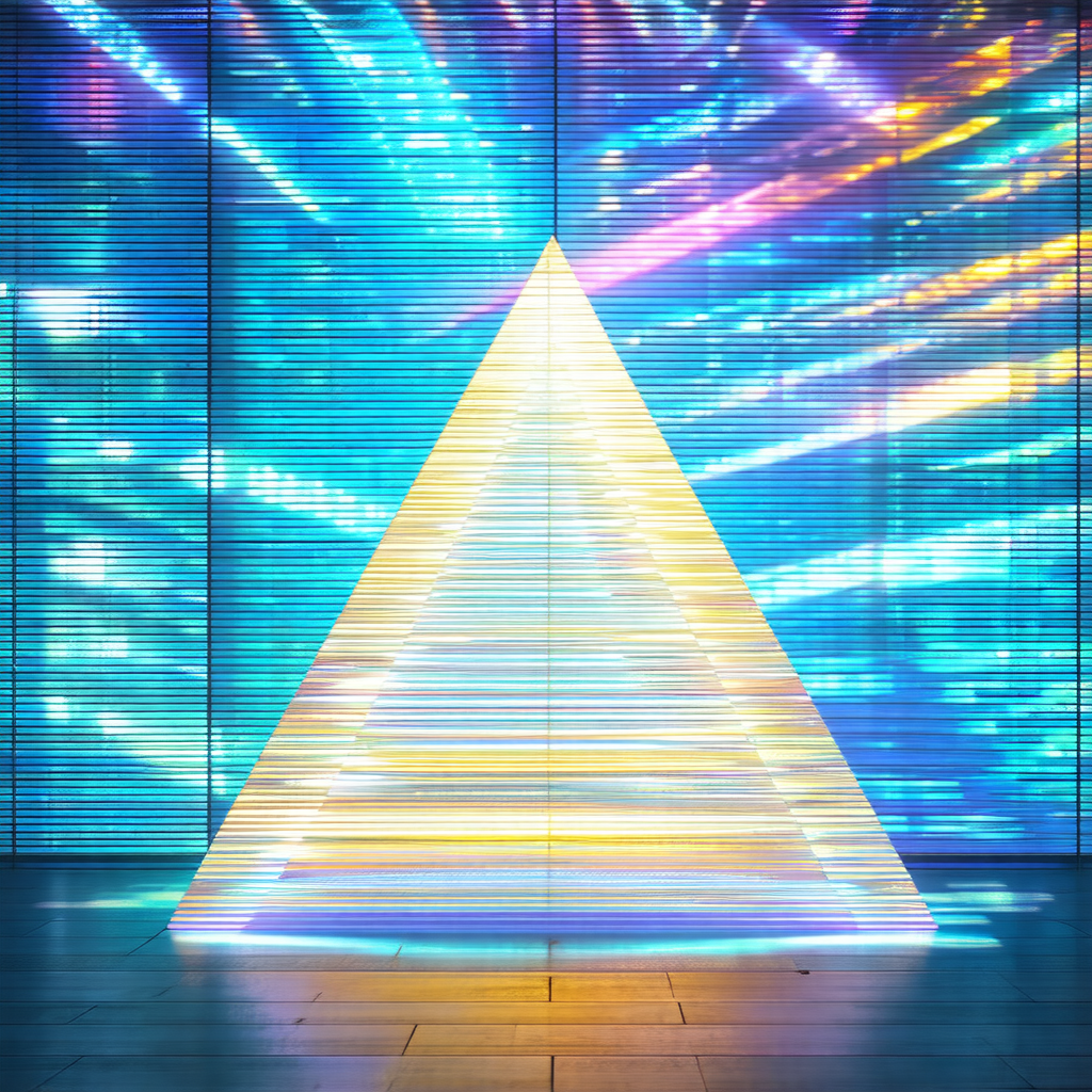 Large, illuminated triangle, possibly a sculpture or a pi...