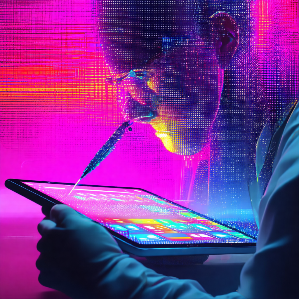 Man wearing glasses, sitting in front of a tablet computer