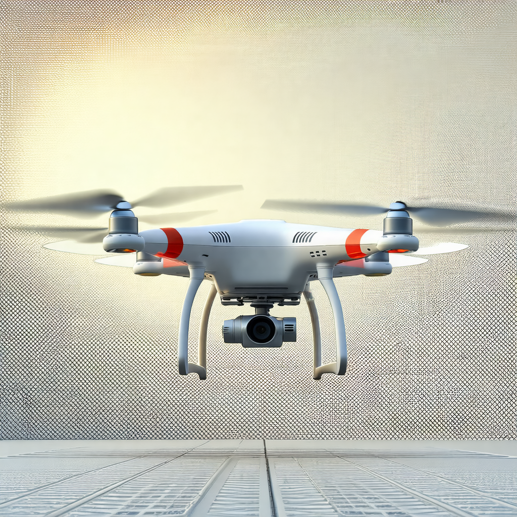 White drone flying in the air, with its propellers spinning